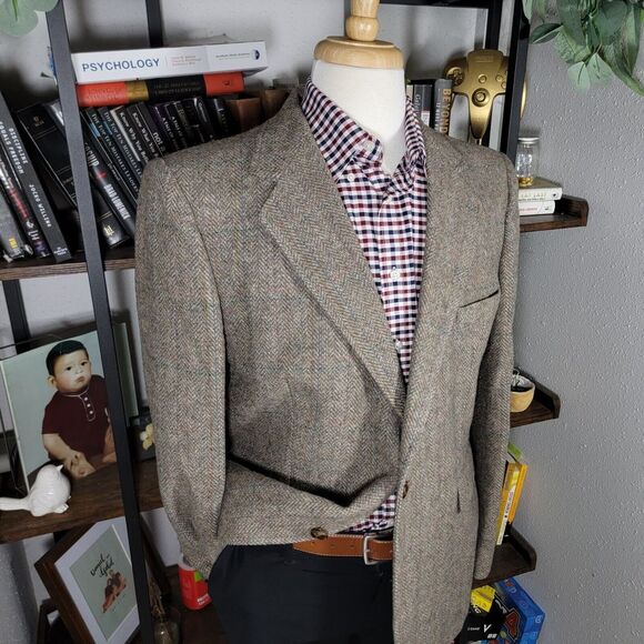 VTG Haggar Men's Tweed Sport Coat Blazer Two Button Herringbone Plaid Wool 44R - Picture 11 of 16